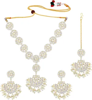 Aheli Traditional Gold Plated Kundan White Choker Necklace Dangle Chandbali Earring & Maang Tikka Ethnic Jewelry Set Gift for Women