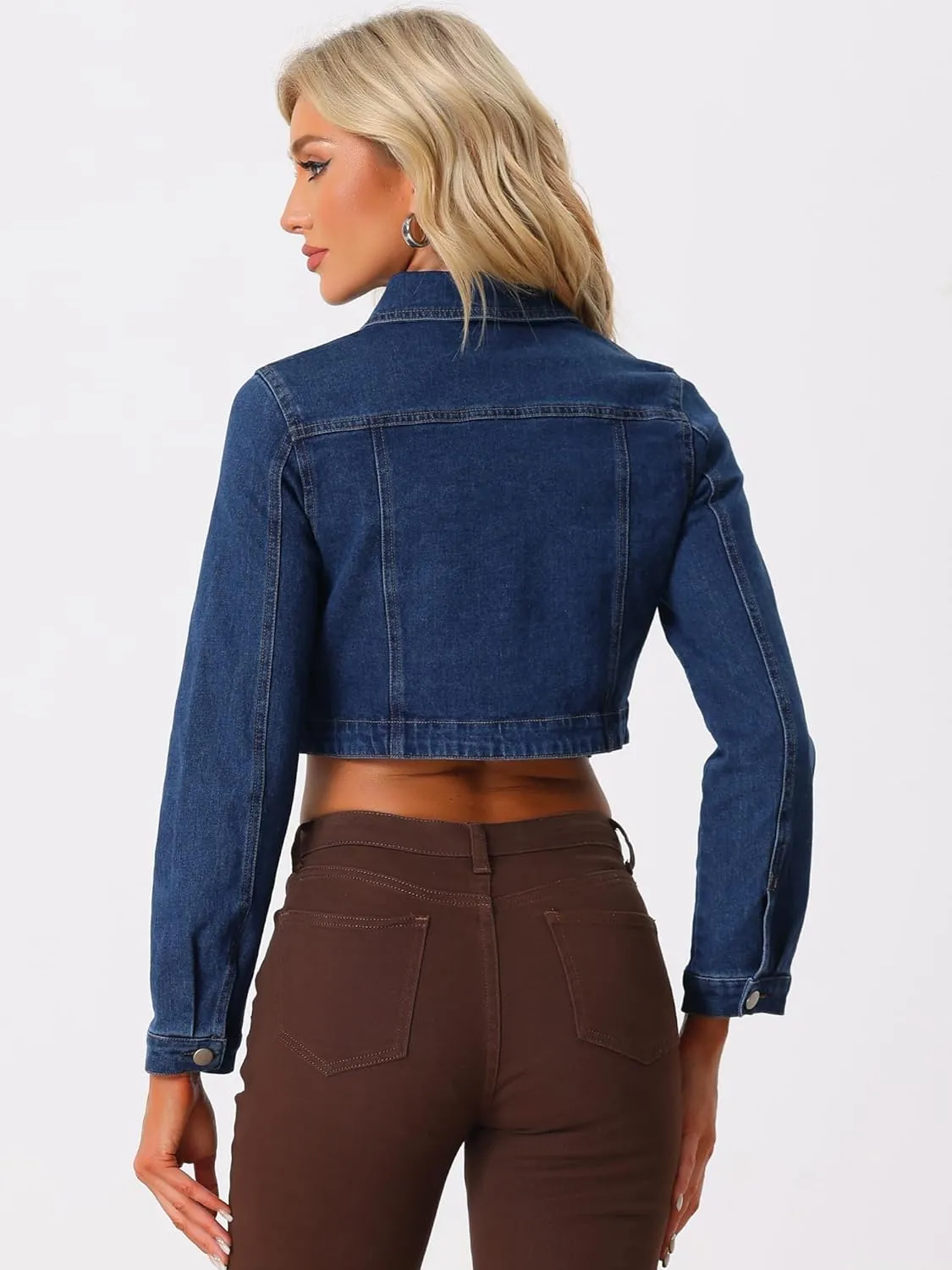 Allegra K Casual Denim Jacket for Women's Collared Button Down Long Sleeve Crop Jean Jackets