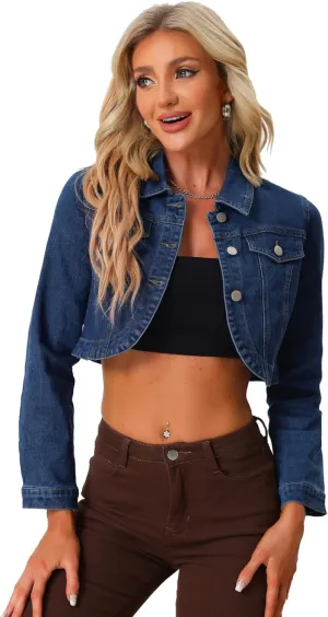 Allegra K Casual Denim Jacket for Women's Collared Button Down Long Sleeve Crop Jean Jackets