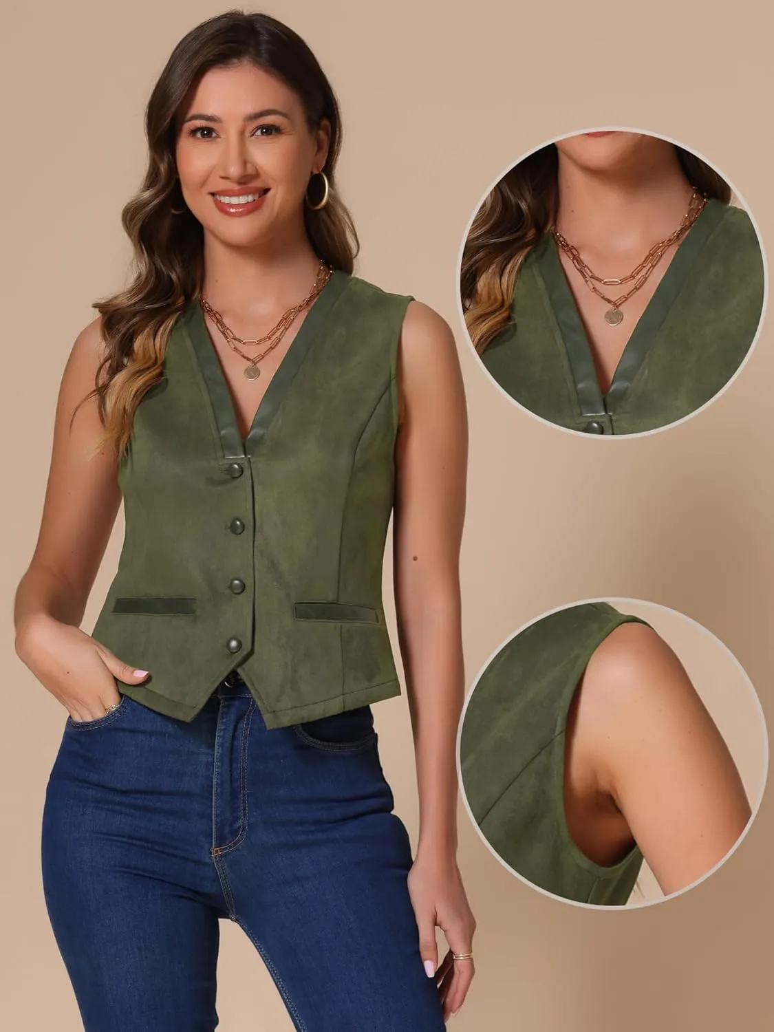 Allegra K Vintage Suit Waistcoat for Women's V Neck Faux Suede Button Down Sleeveless Jacket Vest