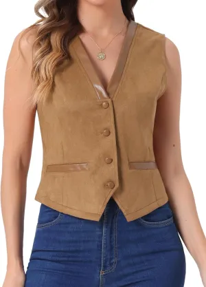 Allegra K Vintage Suit Waistcoat for Women's V Neck Faux Suede Button Down Sleeveless Jacket Vest