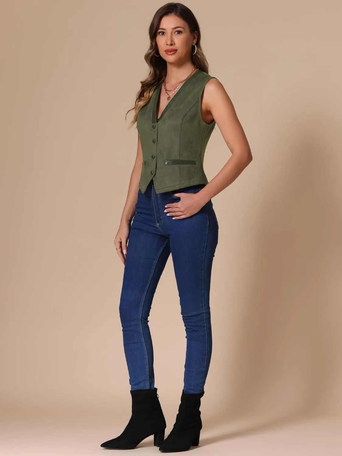 Allegra K Vintage Suit Waistcoat for Women's V Neck Faux Suede Button Down Sleeveless Jacket Vest