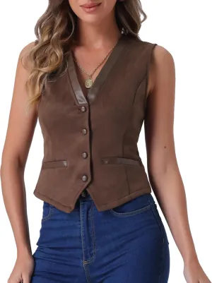 Allegra K Vintage Suit Waistcoat for Women's V Neck Faux Suede Button Down Sleeveless Jacket Vest