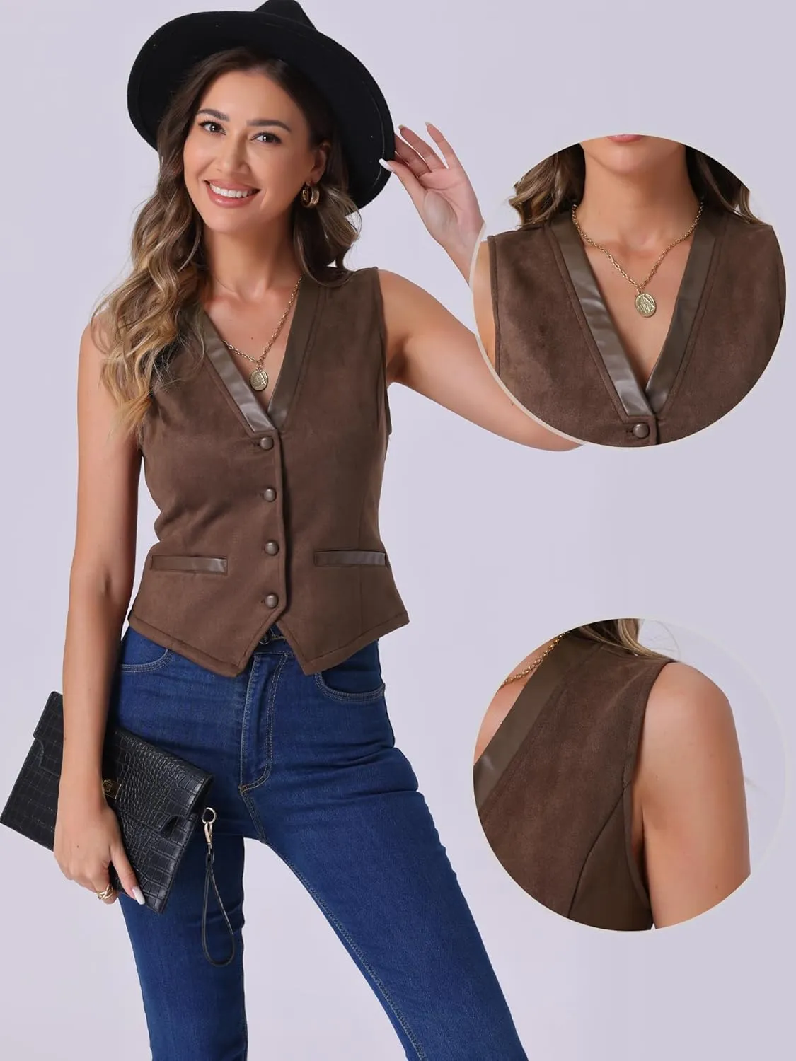Allegra K Vintage Suit Waistcoat for Women's V Neck Faux Suede Button Down Sleeveless Jacket Vest