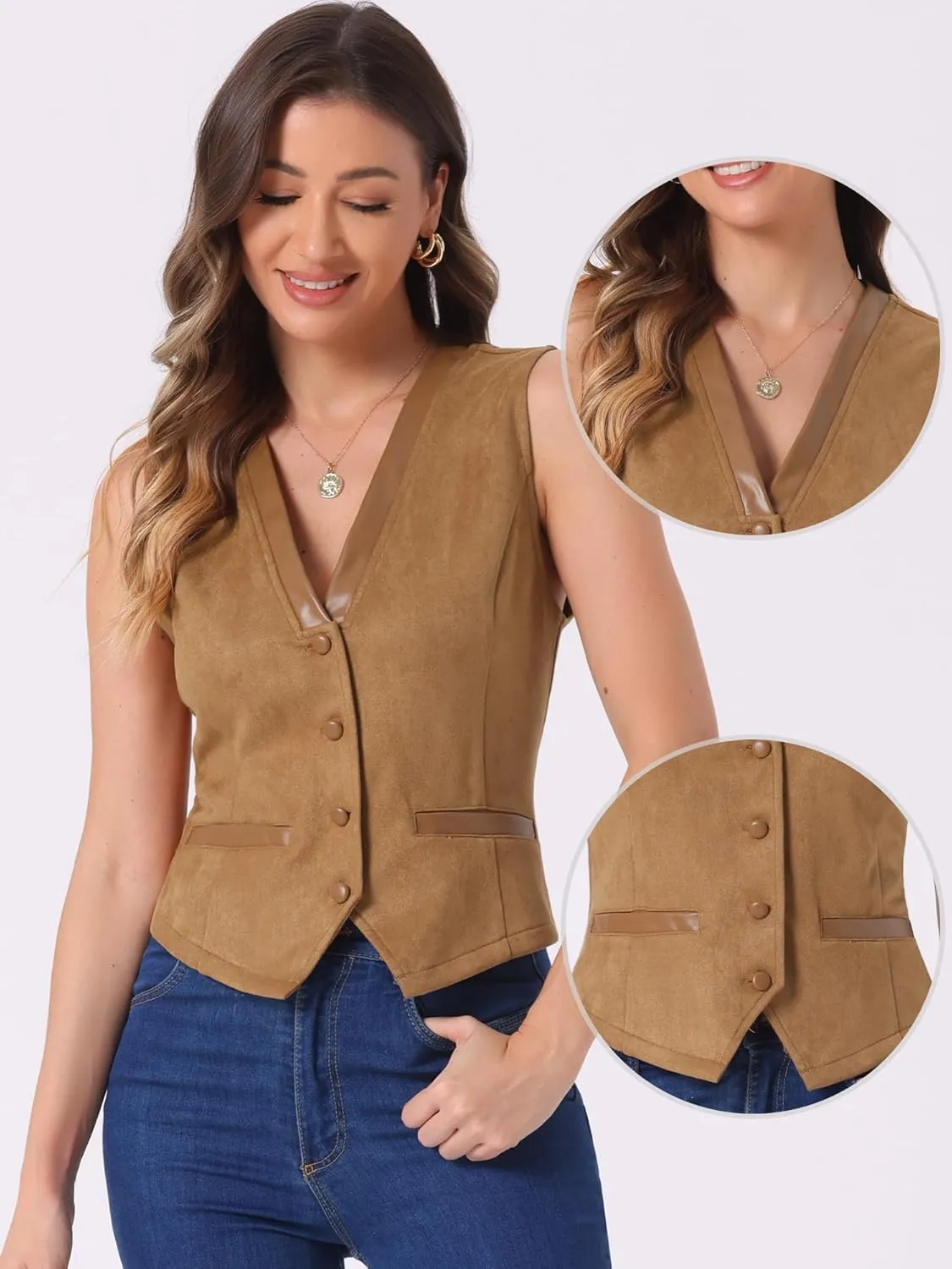 Allegra K Vintage Suit Waistcoat for Women's V Neck Faux Suede Button Down Sleeveless Jacket Vest