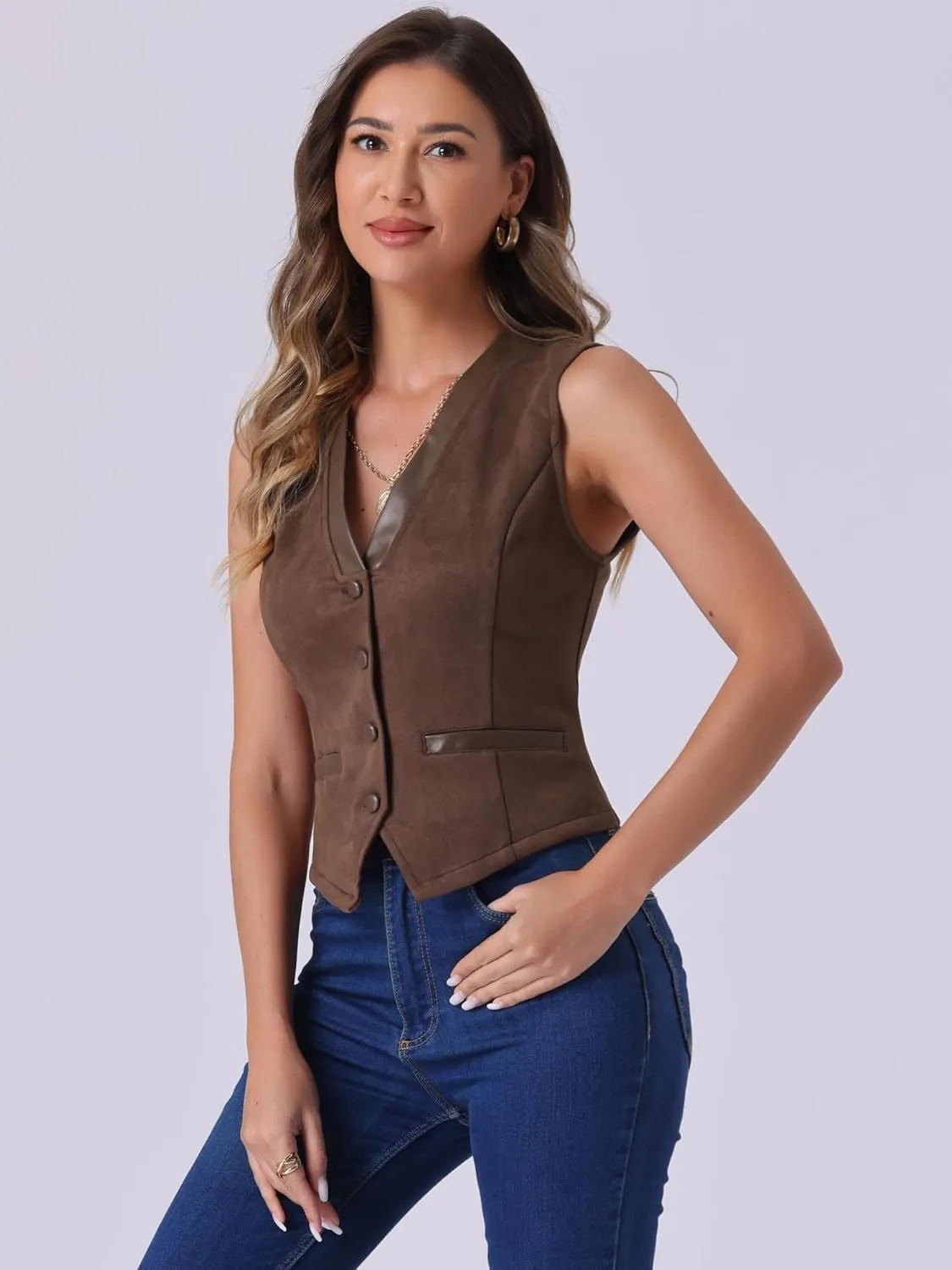 Allegra K Vintage Suit Waistcoat for Women's V Neck Faux Suede Button Down Sleeveless Jacket Vest