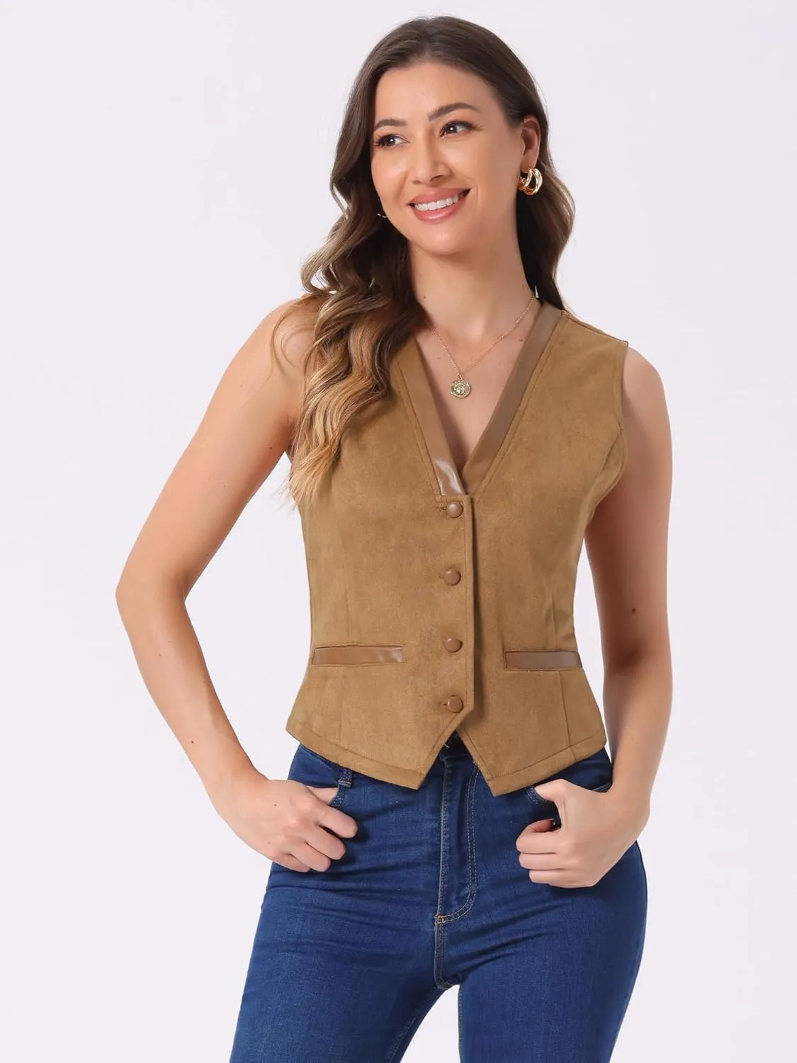 Allegra K Vintage Suit Waistcoat for Women's V Neck Faux Suede Button Down Sleeveless Jacket Vest