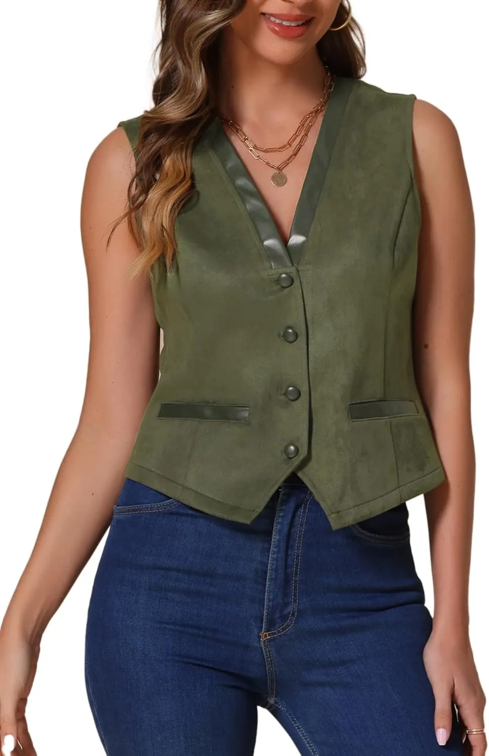 Allegra K Vintage Suit Waistcoat for Women's V Neck Faux Suede Button Down Sleeveless Jacket Vest
