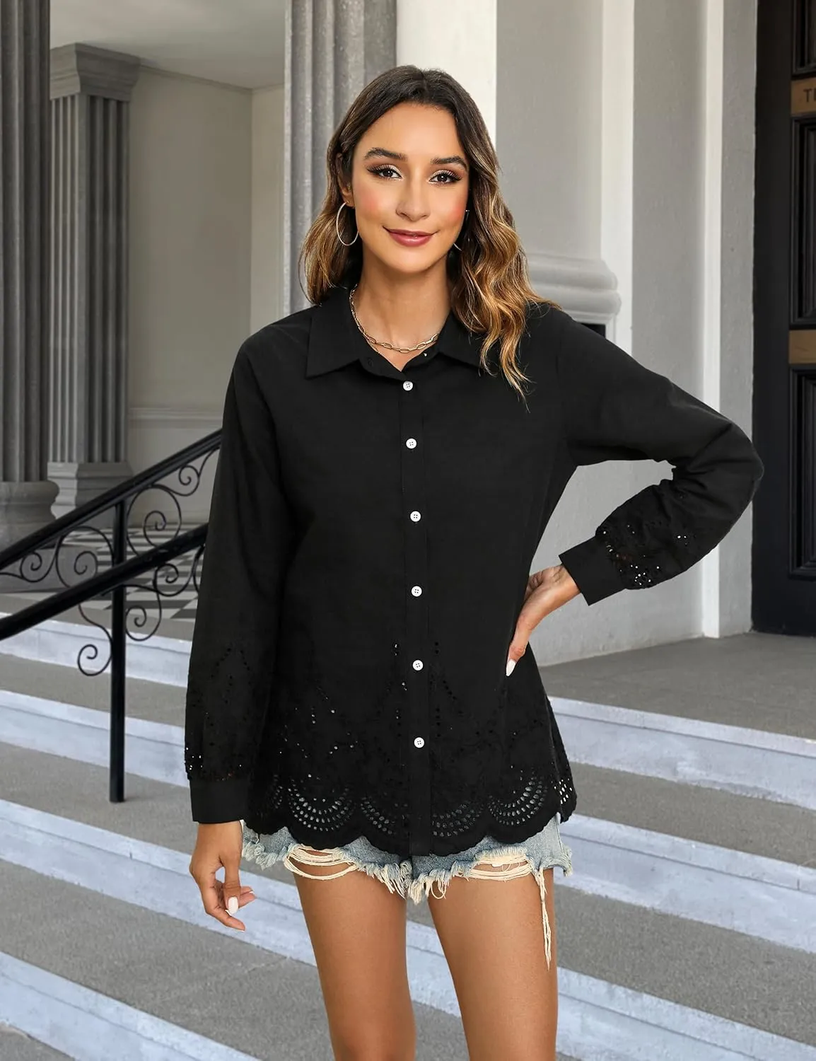 Blooming Jelly Women's Business Casual Tops Button Down Long Sleeve Shirts Collared Embroidered Blouses 2024 Fall Outfits