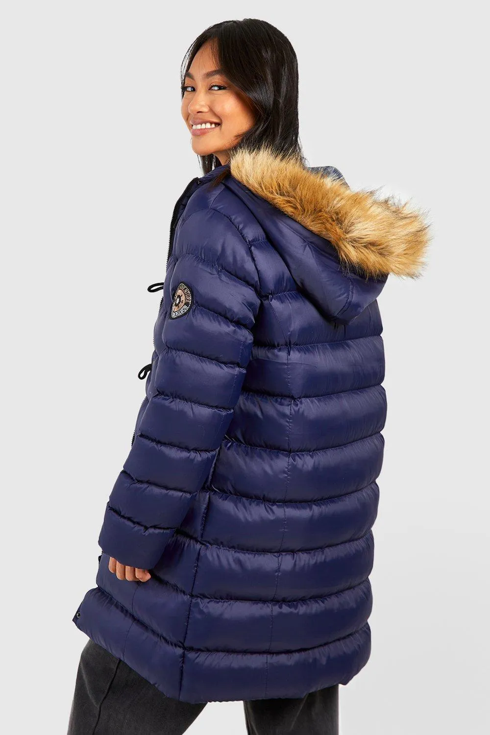 Boohoo Faux Fur Hooded Parka, Navi