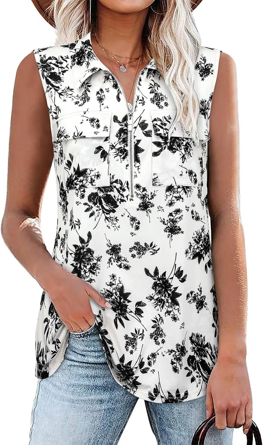Bulotus Women's Sleeveless Blouses Collared Zip Front V Neck Business Casual Tunic Tank Tops