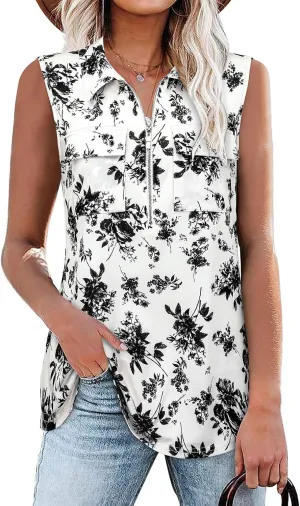 Bulotus Women's Sleeveless Blouses Collared Zip Front V Neck Business Casual Tunic Tank Tops