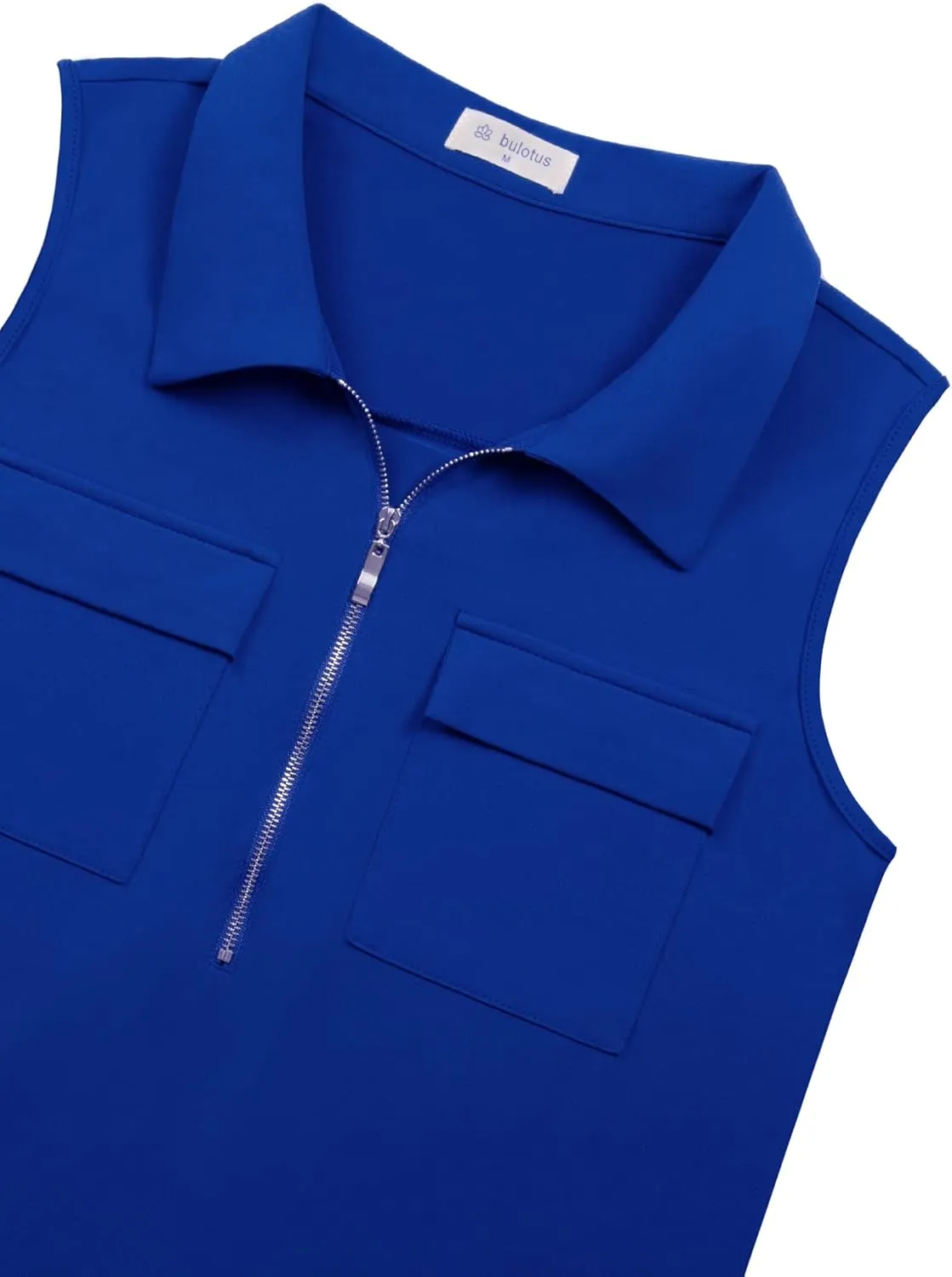 Bulotus Women's Sleeveless Blouses Collared Zip Front V Neck Business Casual Tunic Tank Tops