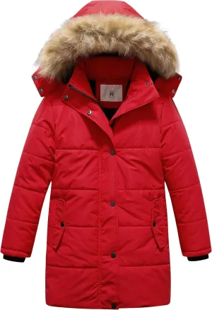 CREATMO US Girl's Winter Fleece Lined Long Parka Puffer Coat Thicken Ski Jacket With Fur Trim Hood