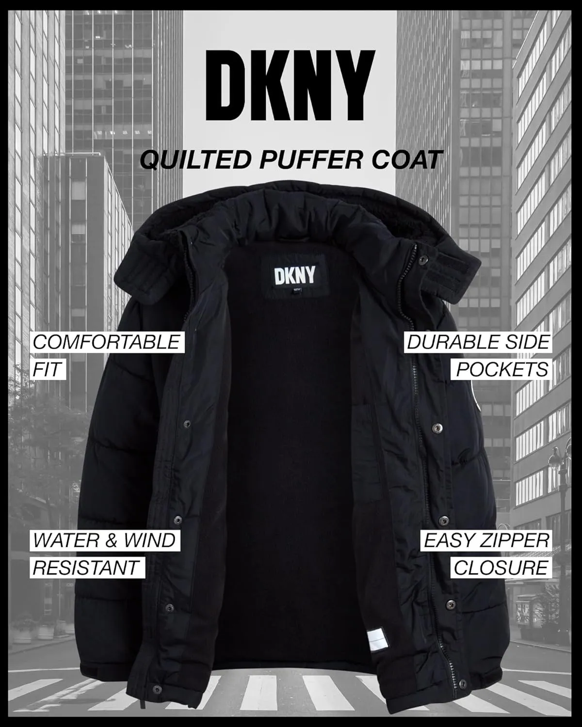 DKNY Boys' Winter Jacket - Insulated Quilted Puffer Parka Coat, Sherpa Lined Hood - Heavyweight Ski Jacket for Boys (4-20)