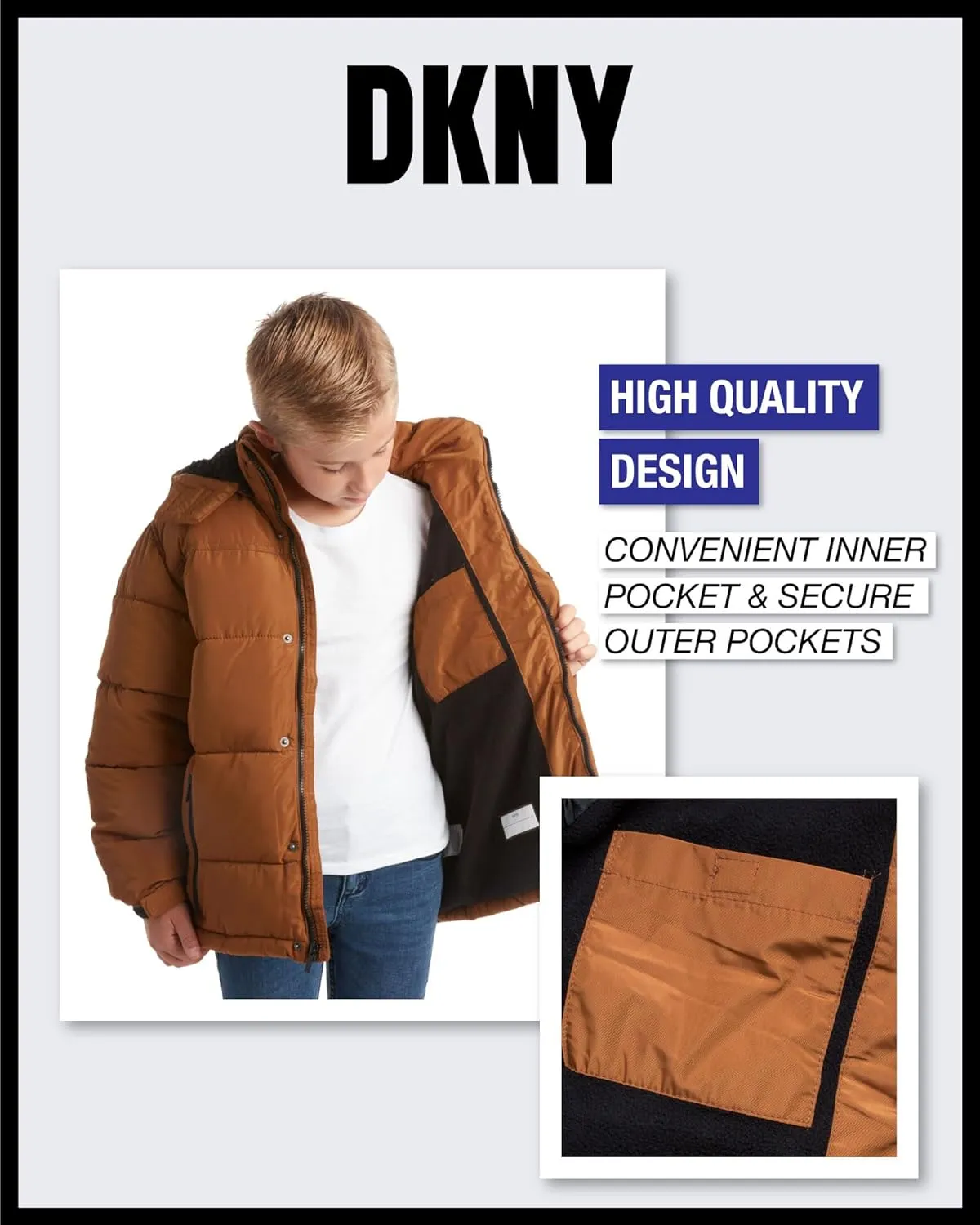 DKNY Boys' Winter Jacket - Insulated Quilted Puffer Parka Coat, Sherpa Lined Hood - Heavyweight Ski Jacket for Boys (4-20)