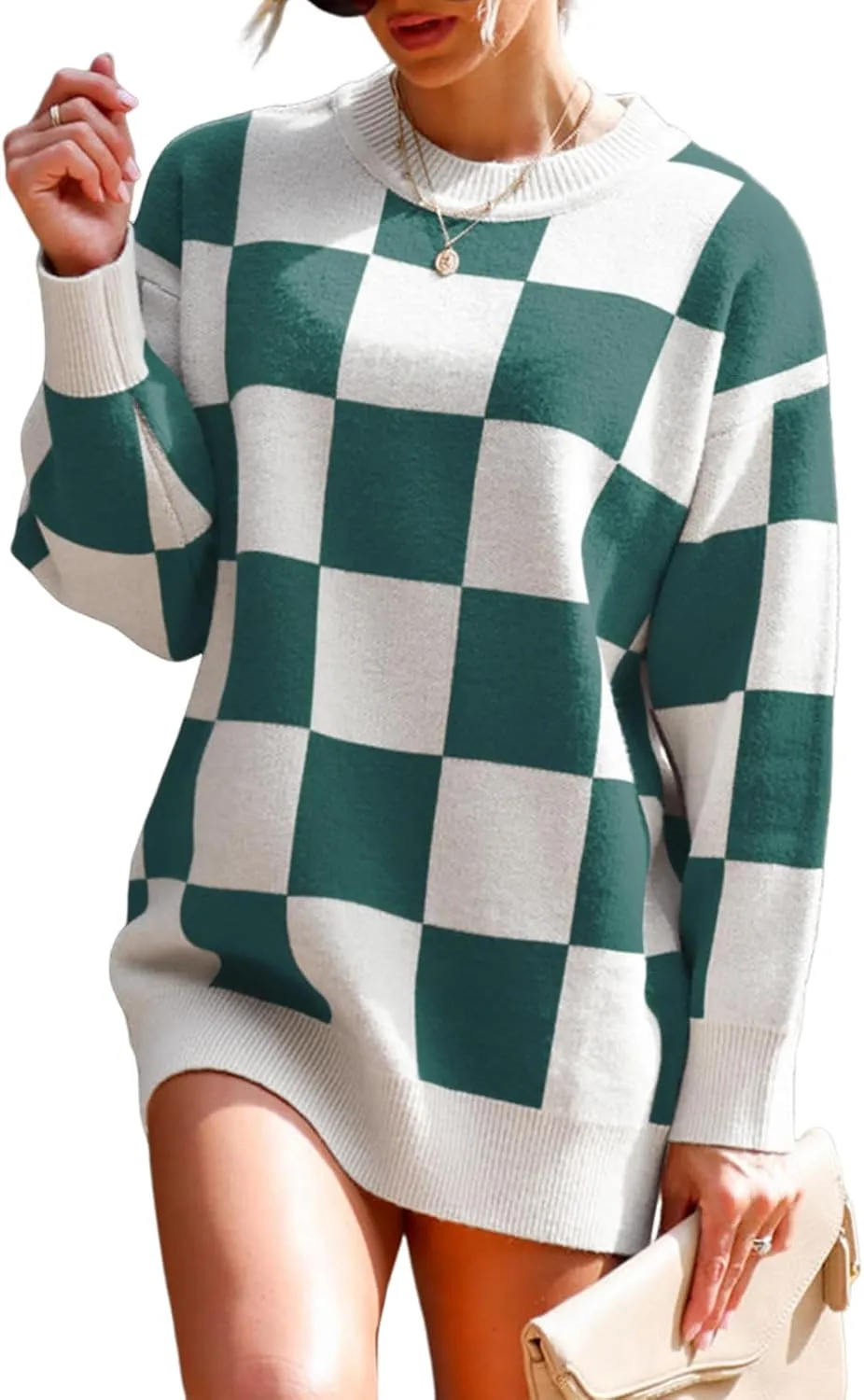 Dokotoo Womens Sweater Dress Crewneck Casual Checkered Long Sleeve Cable Knit Pullover Sweaters