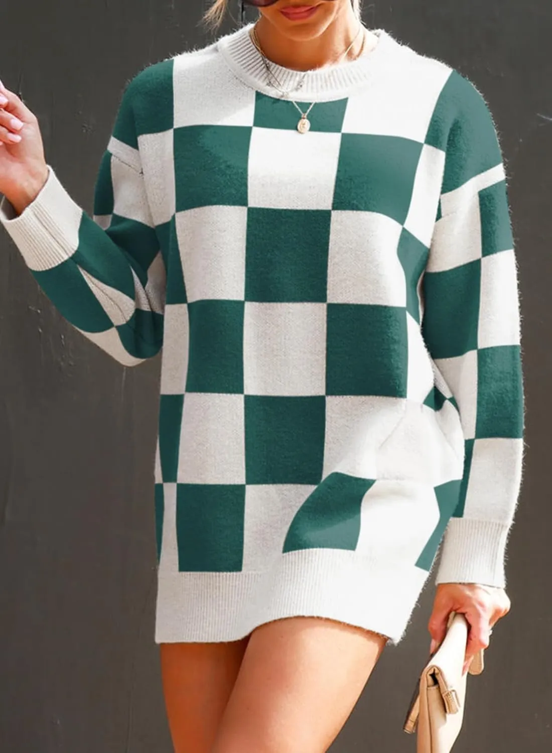 Dokotoo Womens Sweater Dress Crewneck Casual Checkered Long Sleeve Cable Knit Pullover Sweaters