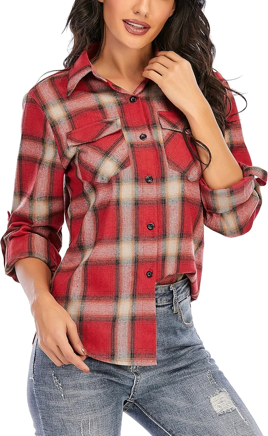 Enjoyoself Womens Plaid Flannel Shirts Casual Roll up Long Sleeve Boyfriend Button Down Checkered Shirt