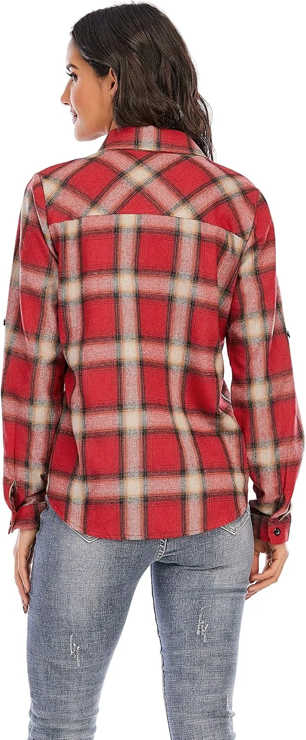 Enjoyoself Womens Plaid Flannel Shirts Casual Roll up Long Sleeve Boyfriend Button Down Checkered Shirt