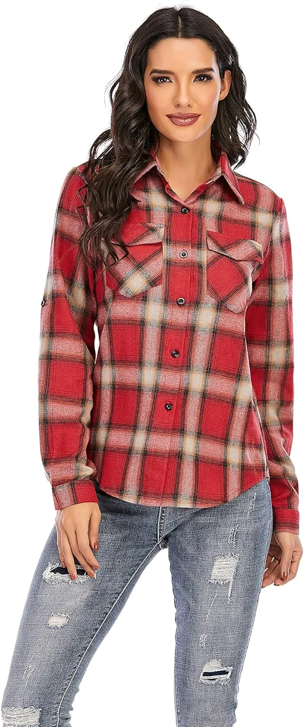 Enjoyoself Womens Plaid Flannel Shirts Casual Roll up Long Sleeve Boyfriend Button Down Checkered Shirt