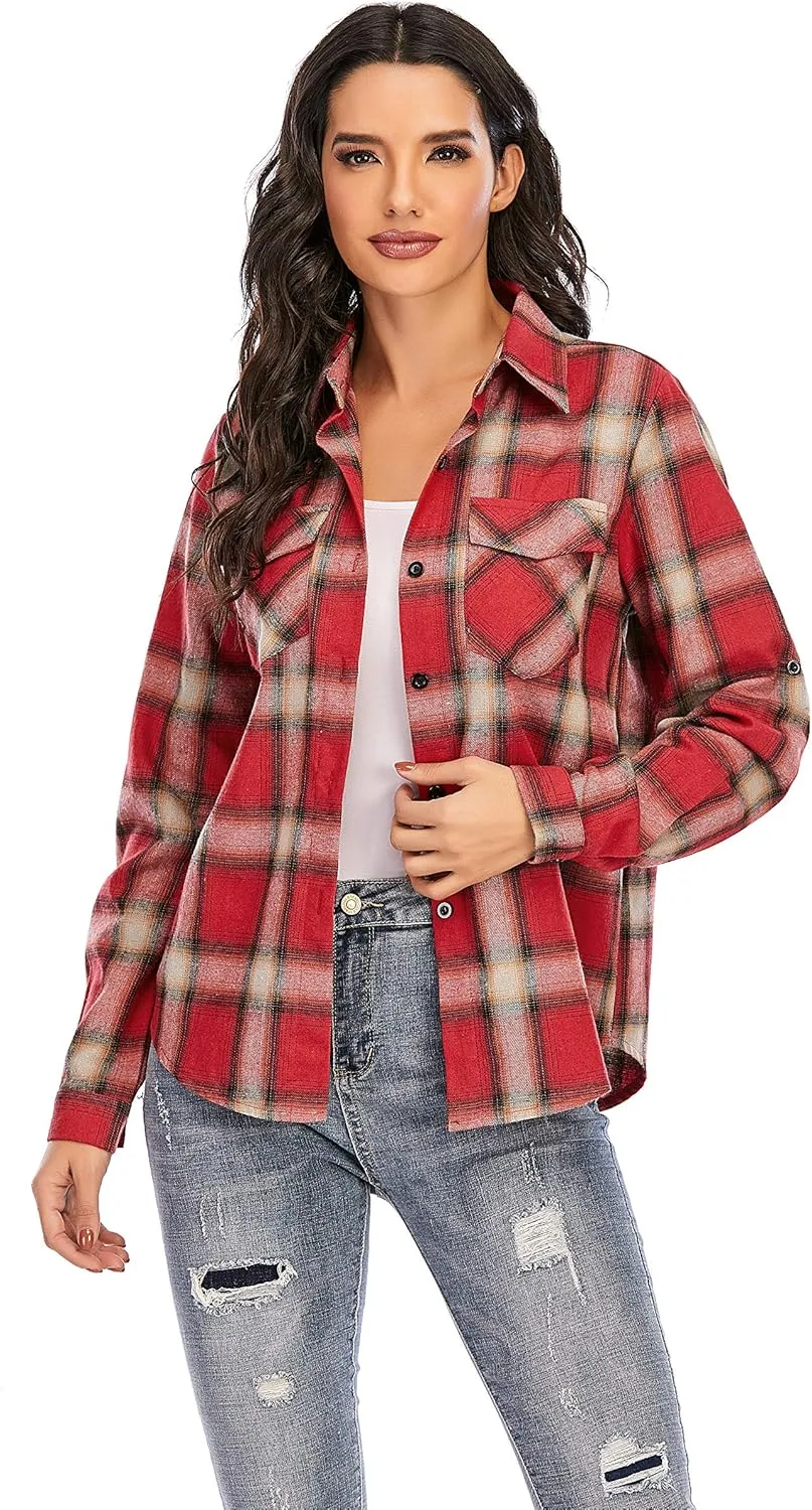 Enjoyoself Womens Plaid Flannel Shirts Casual Roll up Long Sleeve Boyfriend Button Down Checkered Shirt