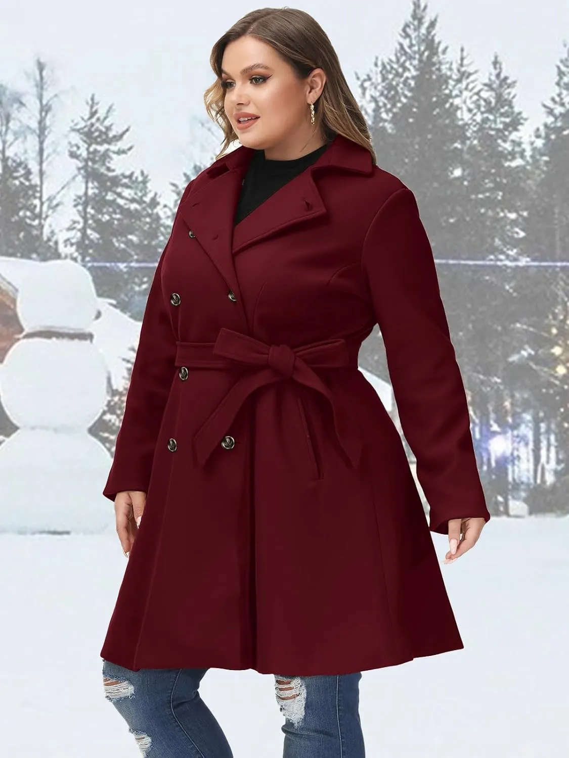 Hanna Nikole Women's Plus Size Wool Dress Coat with Belt Double Breasted Pea Coats Mid-Long Trench Coat