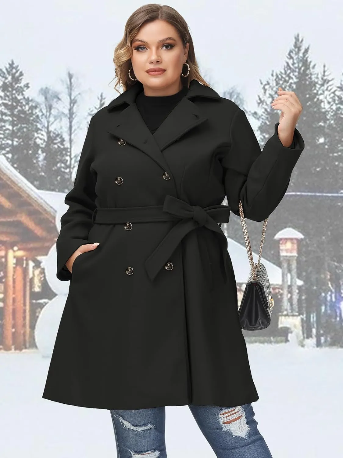 Hanna Nikole Women's Plus Size Wool Dress Coat with Belt Double Breasted Pea Coats Mid-Long Trench Coat