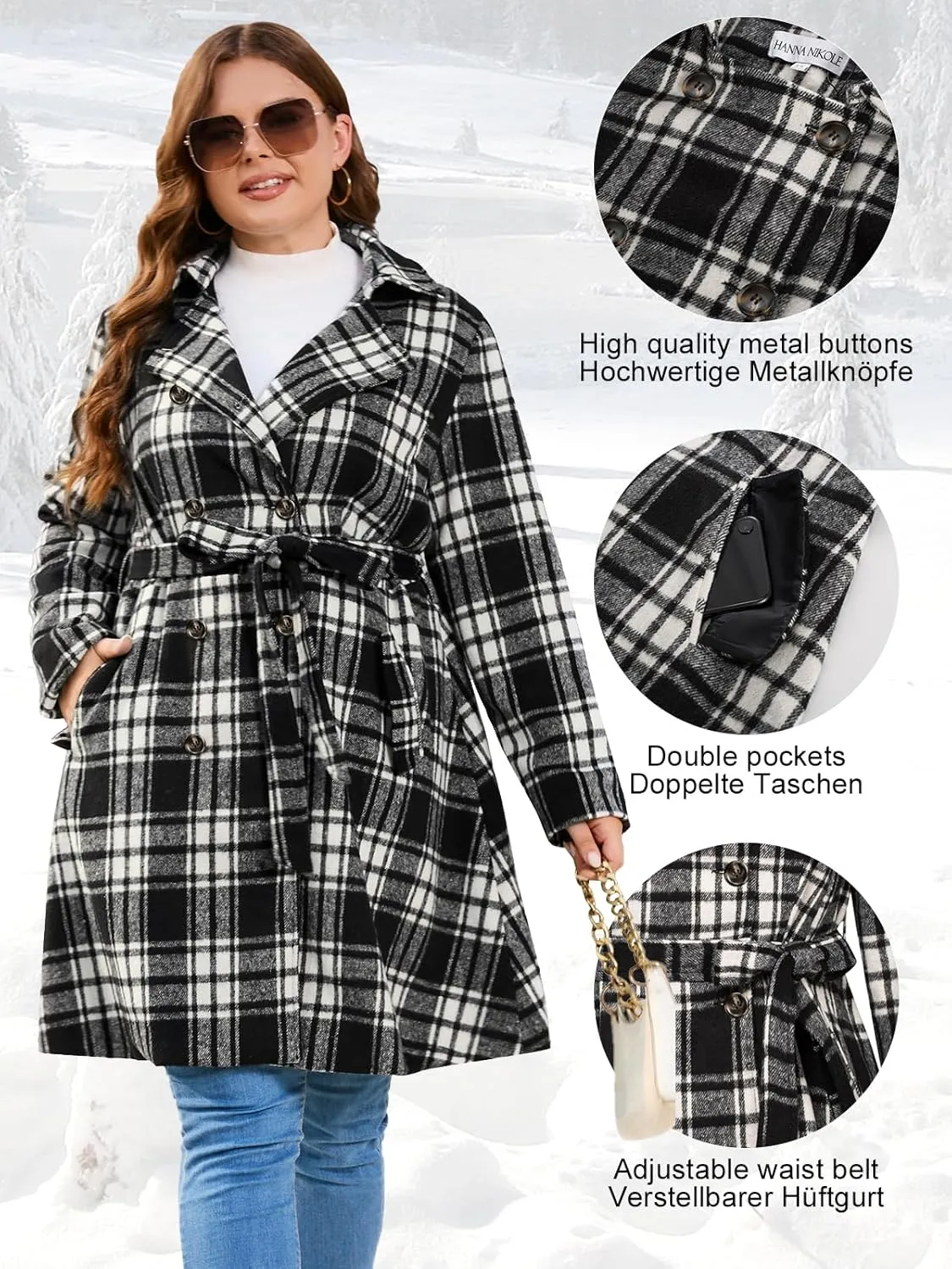 Hanna Nikole Women's Plus Size Wool Dress Coat with Belt Double Breasted Pea Coats Mid-Long Trench Coat