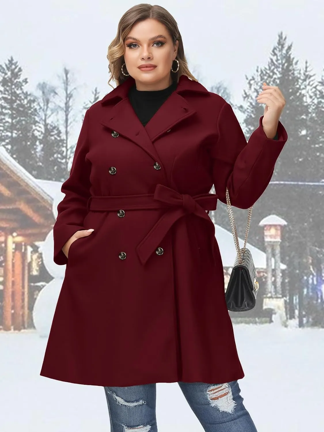 Hanna Nikole Women's Plus Size Wool Dress Coat with Belt Double Breasted Pea Coats Mid-Long Trench Coat