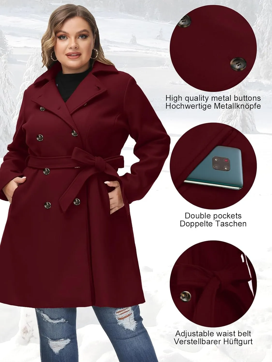 Hanna Nikole Women's Plus Size Wool Dress Coat with Belt Double Breasted Pea Coats Mid-Long Trench Coat