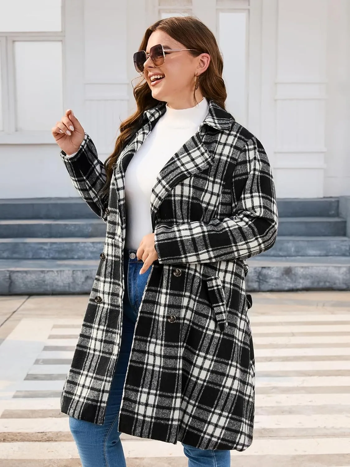 Hanna Nikole Women's Plus Size Wool Dress Coat with Belt Double Breasted Pea Coats Mid-Long Trench Coat