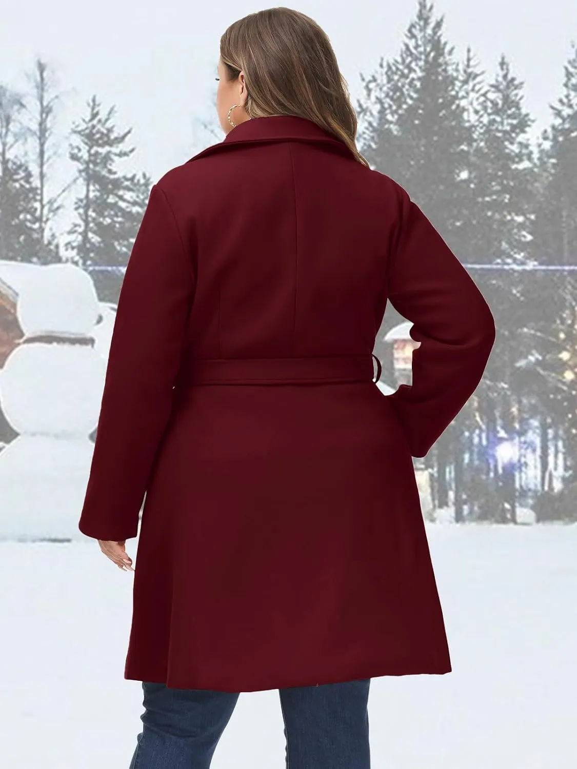 Hanna Nikole Women's Plus Size Wool Dress Coat with Belt Double Breasted Pea Coats Mid-Long Trench Coat