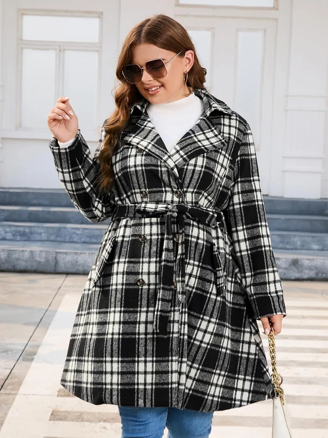 Hanna Nikole Women's Plus Size Wool Dress Coat with Belt Double Breasted Pea Coats Mid-Long Trench Coat