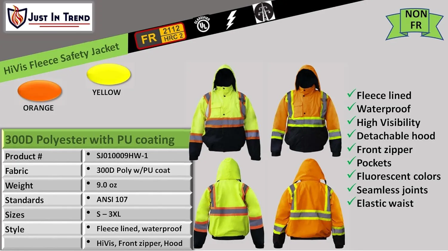 Just In Trend Premium High Visibility Hi Vis Waterproof Fleece lined Jacket/Parka with detachable hood