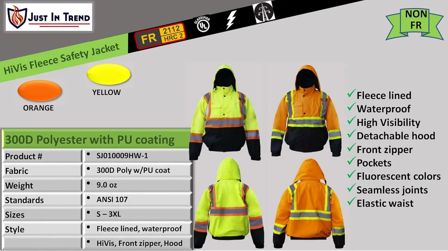 Just In Trend Premium High Visibility Hi Vis Waterproof Fleece lined Jacket/Parka with detachable hood