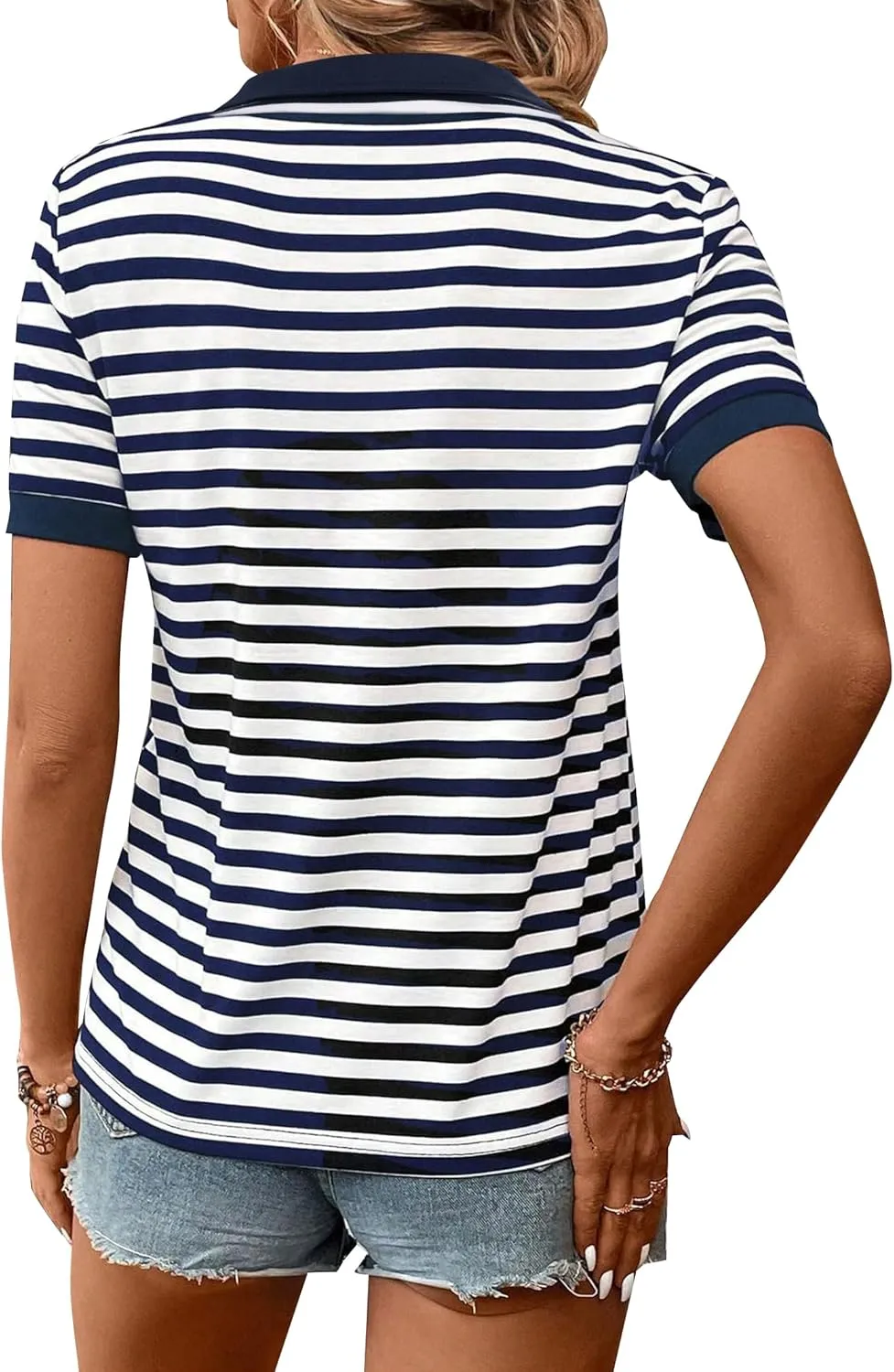 LilyCoco Women's Striped Shirt Short Sleeve Color Block Tops Notched Neck Summer Tee