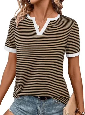 LilyCoco Women's Striped Shirt Short Sleeve Color Block Tops Notched Neck Summer Tee