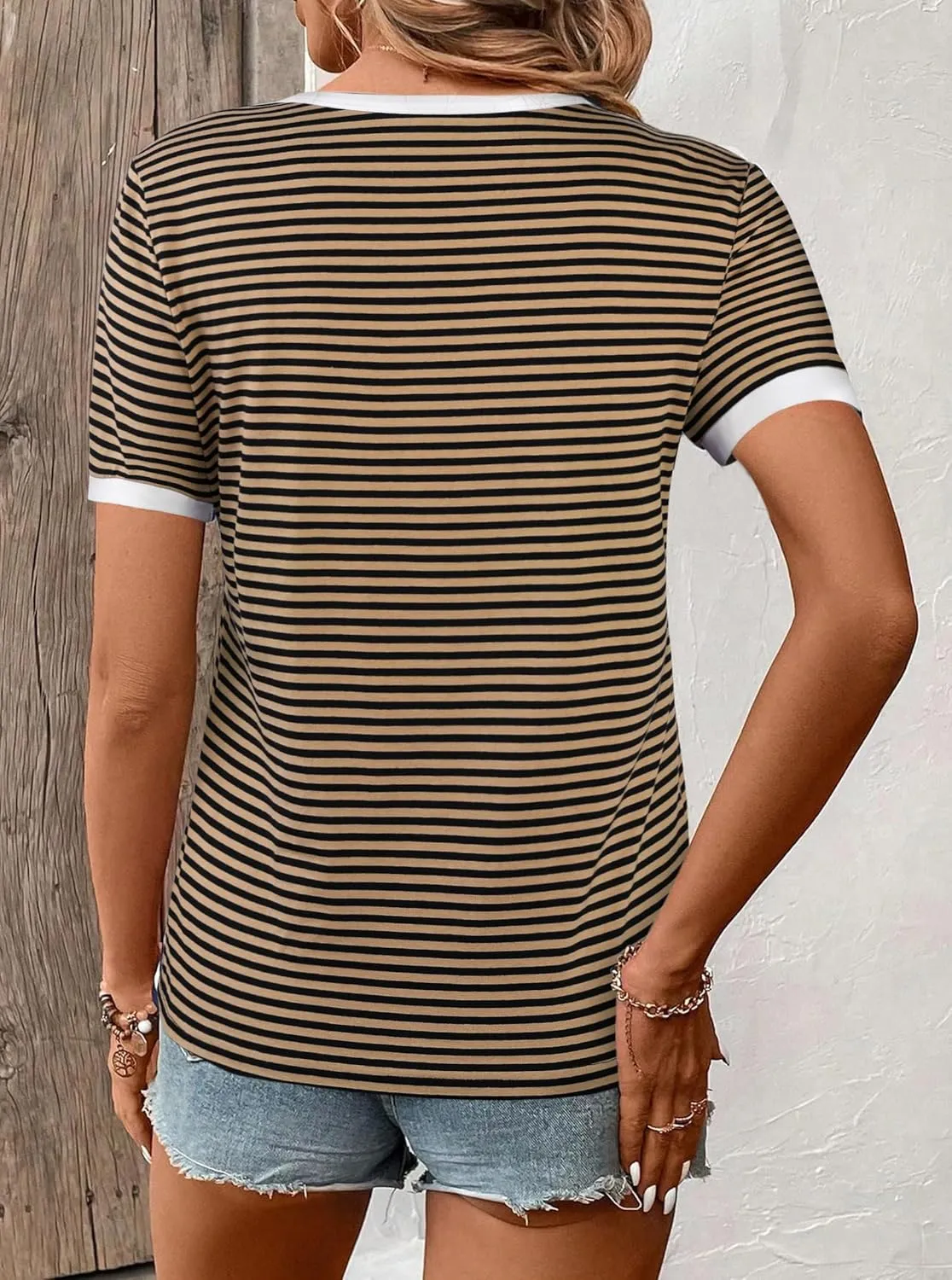 LilyCoco Women's Striped Shirt Short Sleeve Color Block Tops Notched Neck Summer Tee
