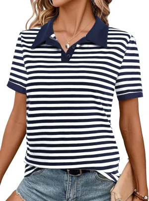 LilyCoco Women's Striped Shirt Short Sleeve Color Block Tops Notched Neck Summer Tee