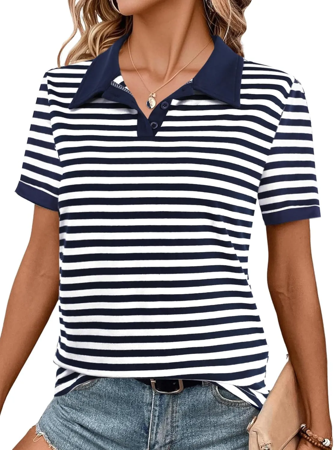 LilyCoco Women's Striped Shirt Short Sleeve Color Block Tops Notched Neck Summer Tee