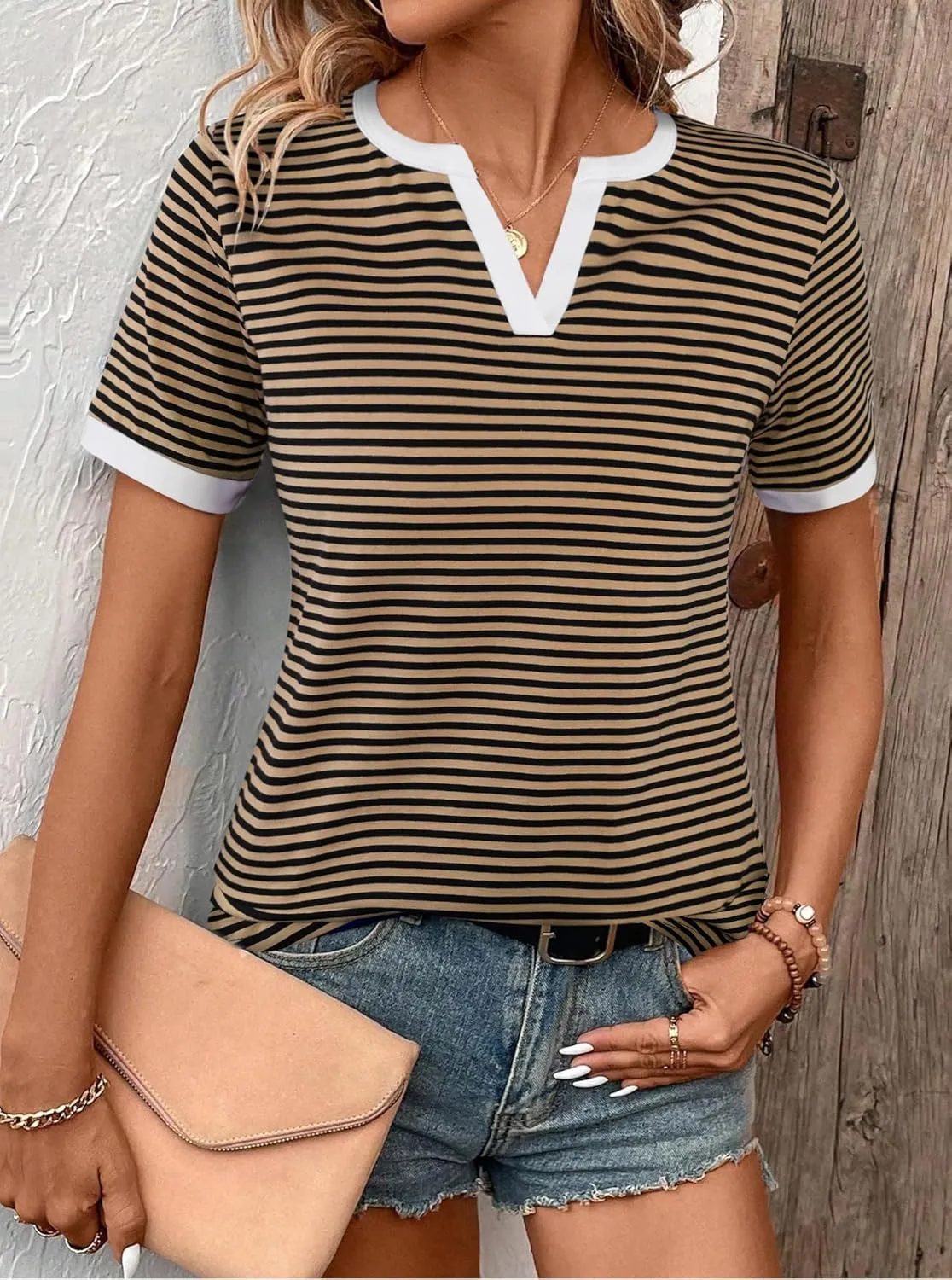 LilyCoco Women's Striped Shirt Short Sleeve Color Block Tops Notched Neck Summer Tee
