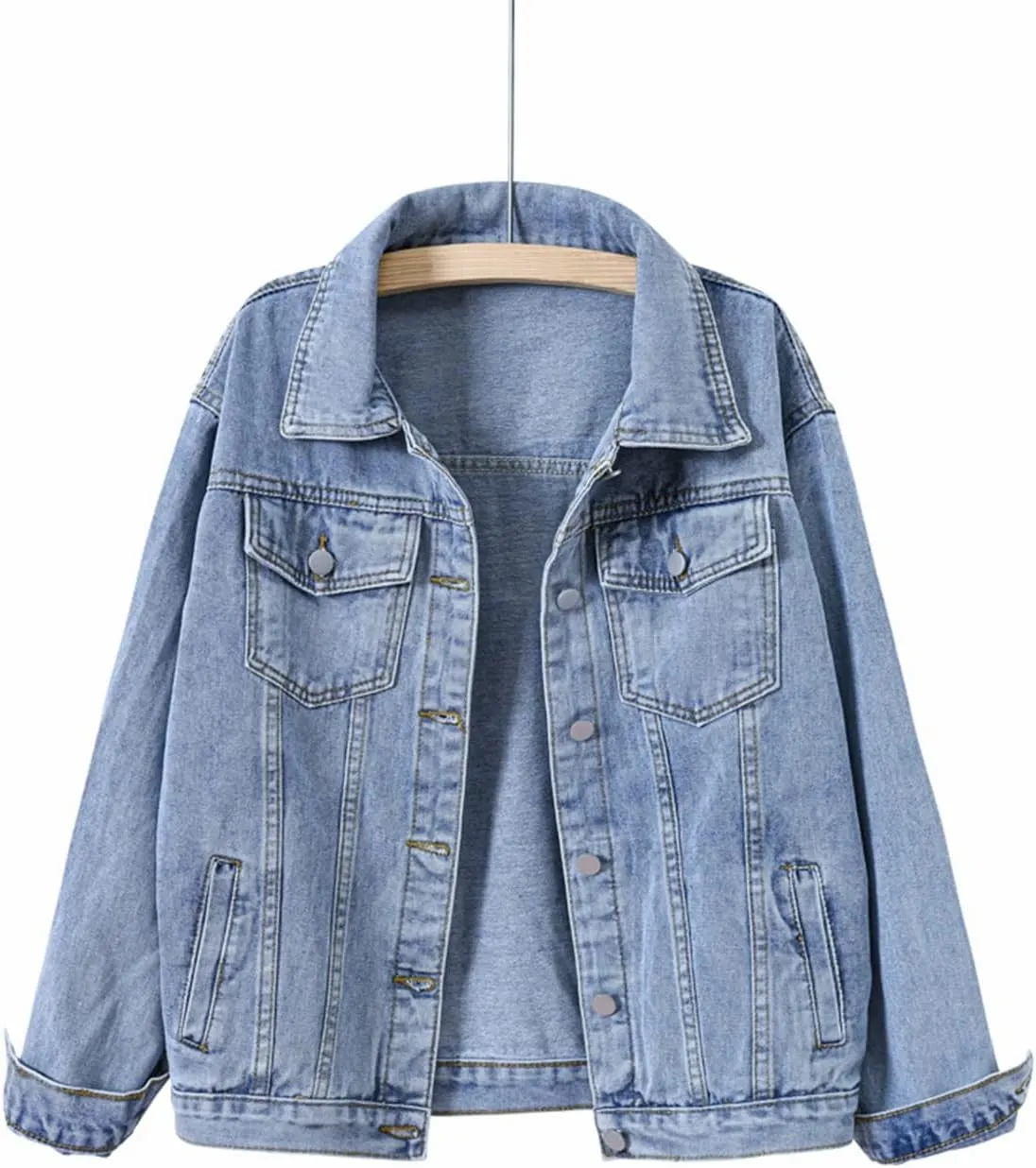 Locachy Women's Casual Denim Jacket Solid Color Basic Long Sleeve Jean Jacket Coat