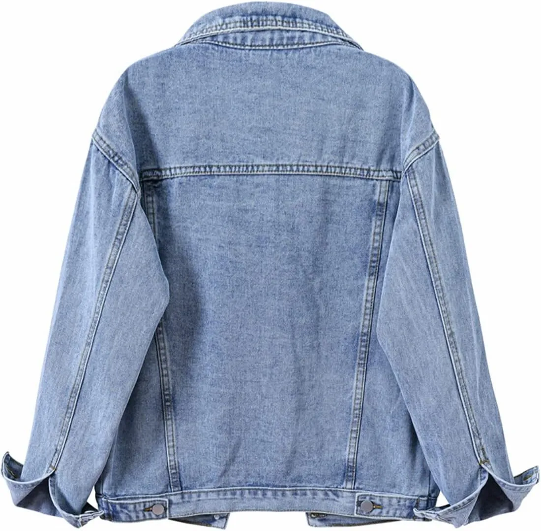 Locachy Women's Casual Denim Jacket Solid Color Basic Long Sleeve Jean Jacket Coat