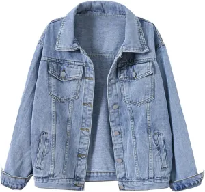 Locachy Women's Casual Denim Jacket Solid Color Basic Long Sleeve Jean Jacket Coat