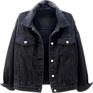 Locachy Women's Casual Denim Jacket Solid Color Basic Long Sleeve Jean Jacket Coat