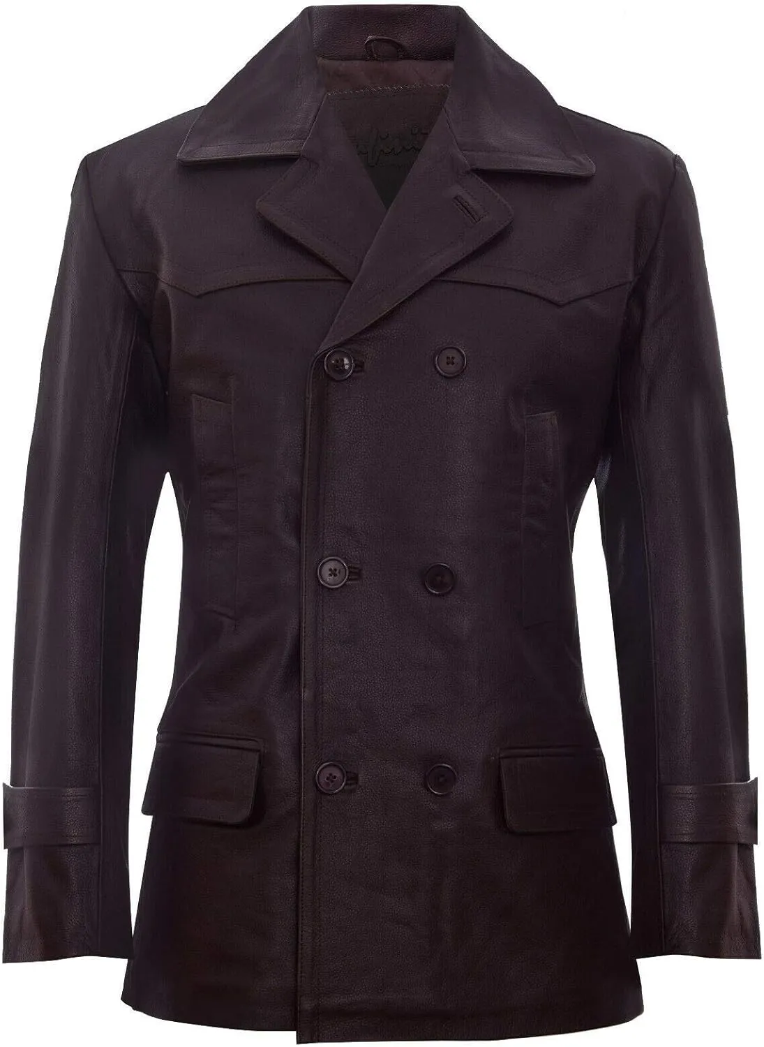 Mens Cow Hide Leather Jacket Dr Who Naval German Pea Coat
