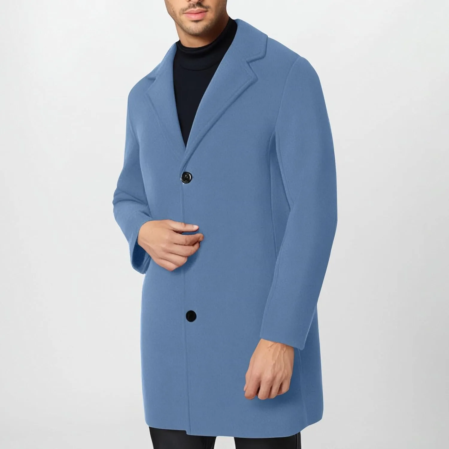 Mens Trench Coat Notched Lapel Collar Single Trench Coat Winter Wool Blend Slim Fit Peacoat Plus Size Overcoat