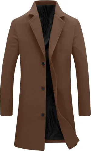 Mens Trench Coat Notched Lapel Collar Single Trench Coat Winter Wool Blend Slim Fit Peacoat Plus Size Overcoat