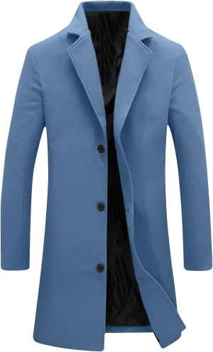Mens Trench Coat Notched Lapel Collar Single Trench Coat Winter Wool Blend Slim Fit Peacoat Plus Size Overcoat